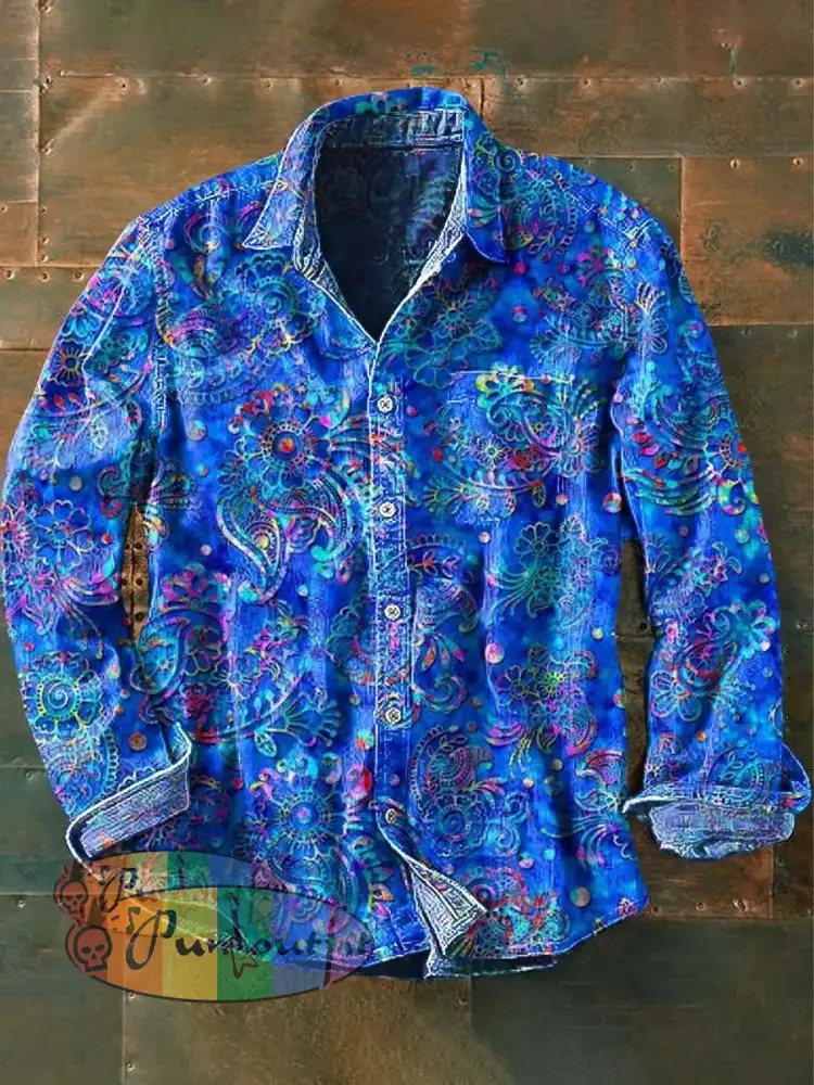 Men’s Vintage Western Print Casual Long Sleeve Shirt As Picture / S