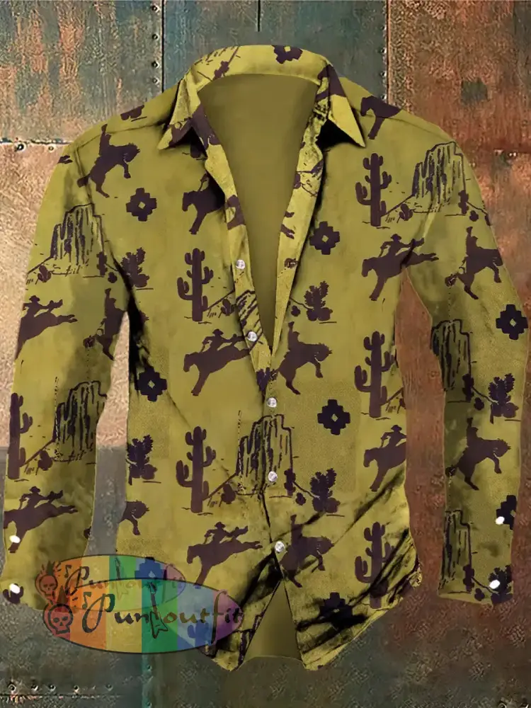 Men’s Western Cowboy And Cactus Print Long Sleeve Shirt Yellow / S