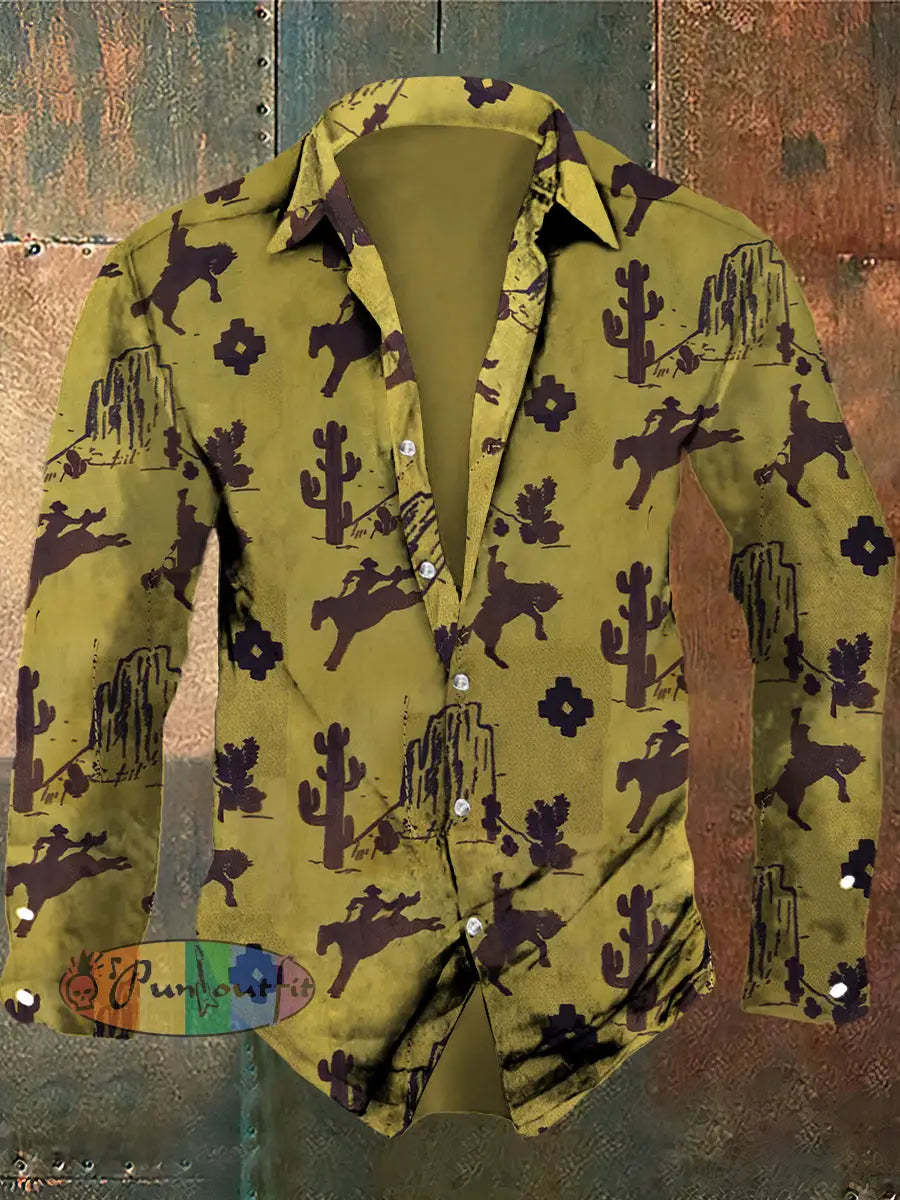 Men’s Western Cowboy And Cactus Print Long Sleeve Shirt Yellow / S