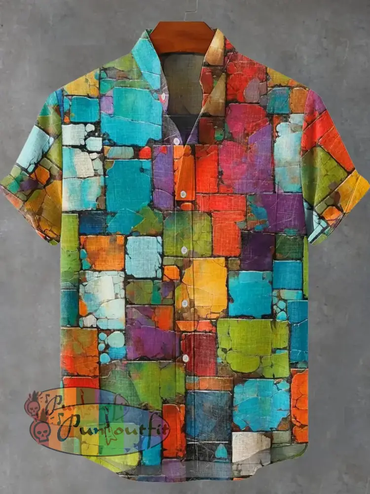 Mottled Aged Colored Squares Vintage Print Casual 100% Cotton Shirt Multicolor / S GEOMETRIC ART DESIGN
