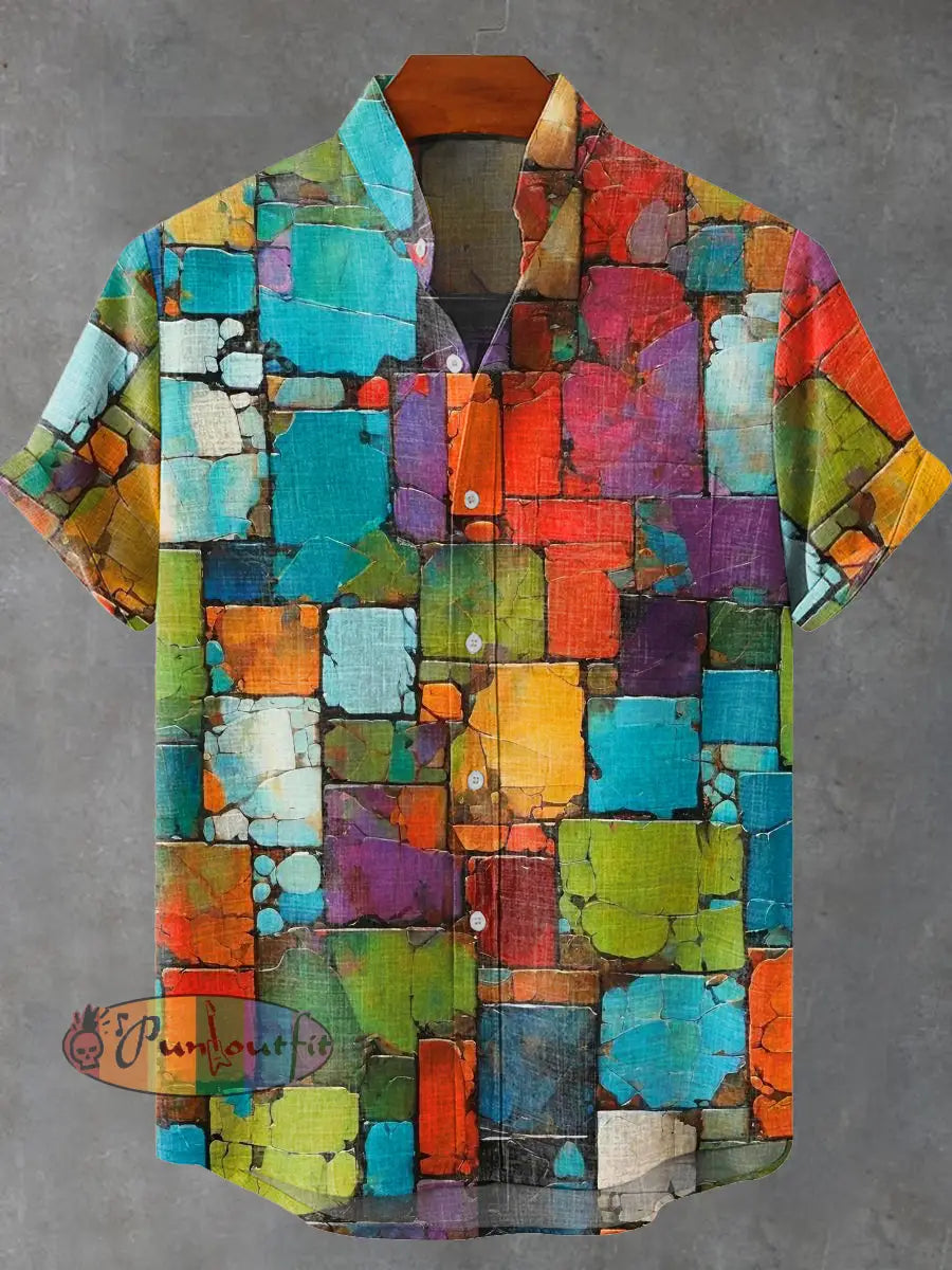 Mottled Aged Colored Squares Vintage Print Casual 100% Cotton Shirt Multicolor / S GEOMETRIC ART DESIGN
