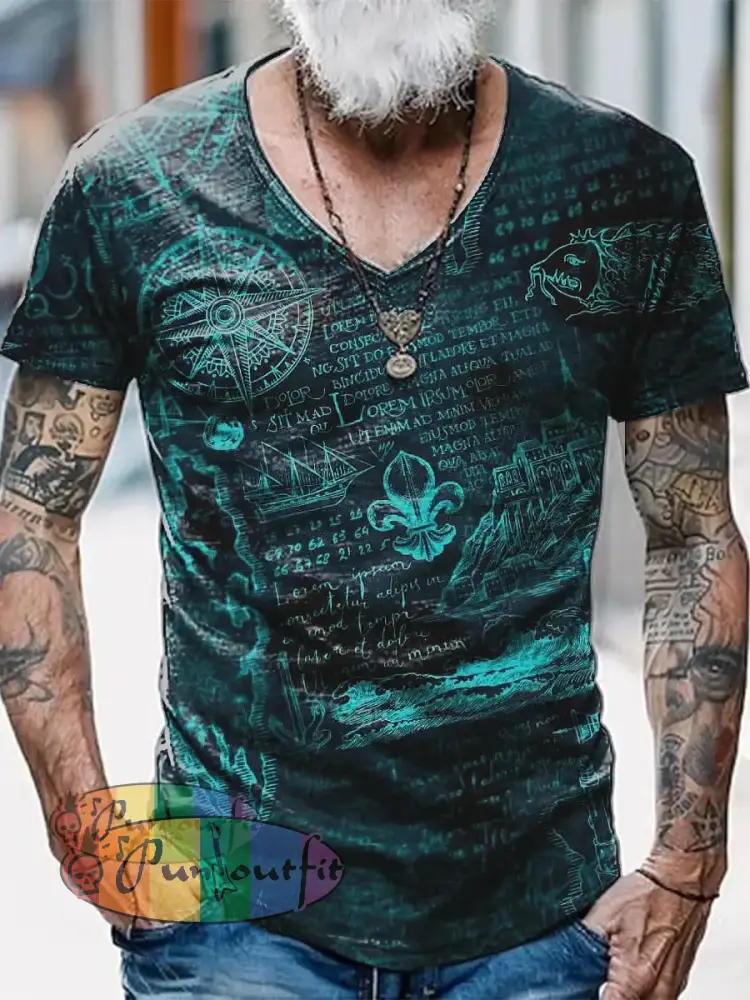 Navigation Printed Vintage Fashion Loose V-Neck Short Sleeve T-Shirt Fluorescent Green / S