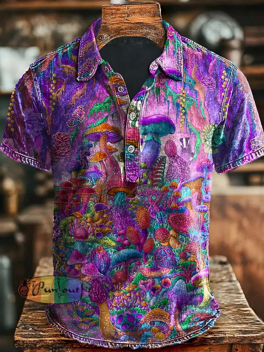 Psychedelic Purple Mushroom Print Casual Polo Shirt As picture / S