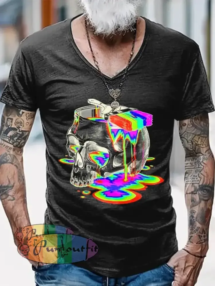 Psychedelic Skull Printed Vintage Fashion Loose V-Neck Short Sleeve T-Shirt Black / S