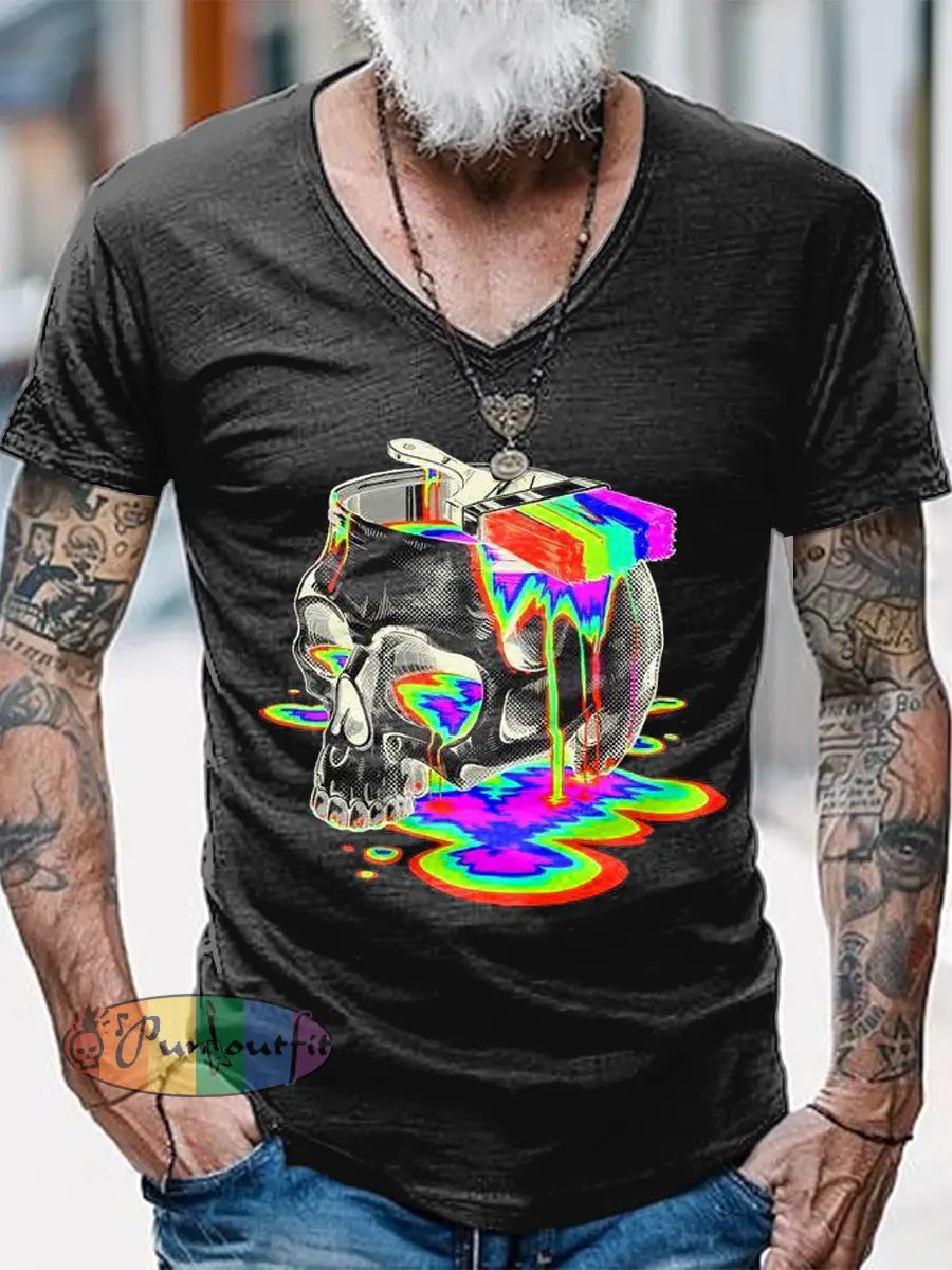 Psychedelic Skull Printed Vintage Fashion Loose V-Neck Short Sleeve T-Shirt Black / S