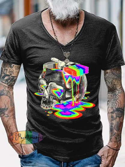Psychedelic Skull Printed Vintage Fashion Loose V-Neck Short Sleeve T-Shirt Black / S