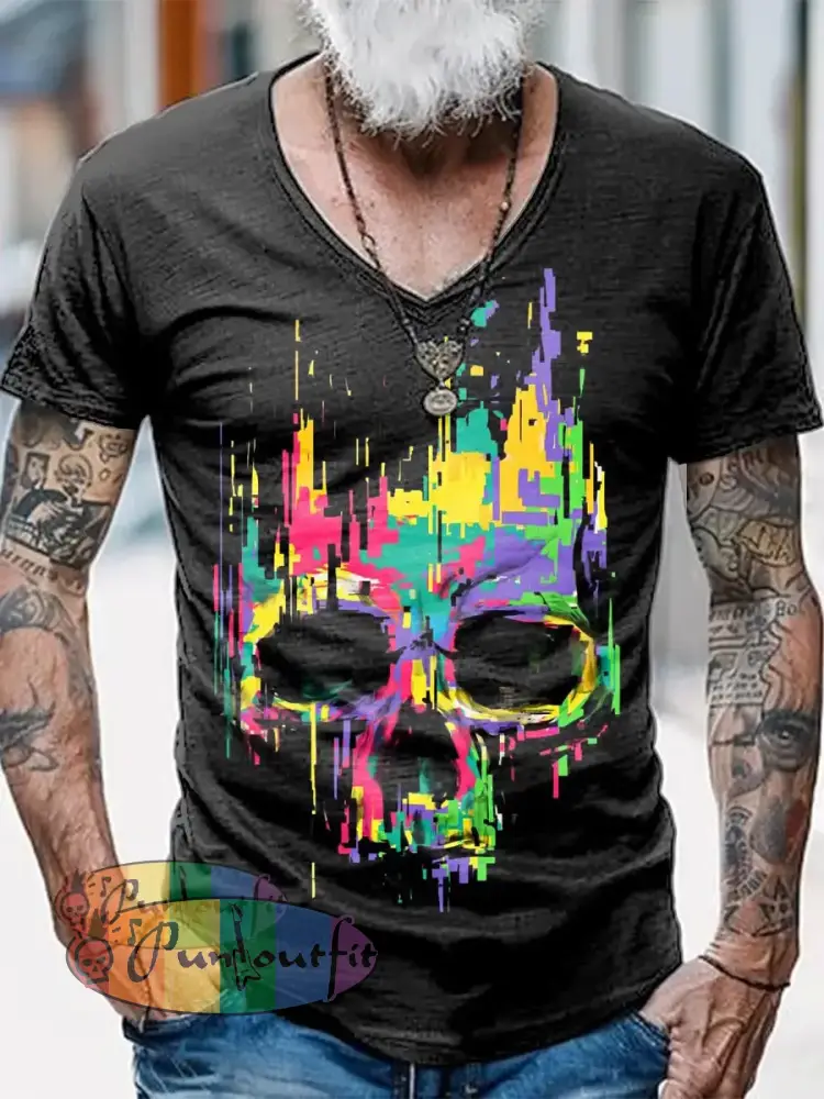 Psychedelic Skull Printed Vintage Fashion Loose V-Neck Short Sleeve T-Shirt Black / S