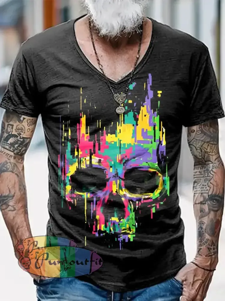 Psychedelic Skull Printed Vintage Fashion Loose V-Neck Short Sleeve T-Shirt Black / S
