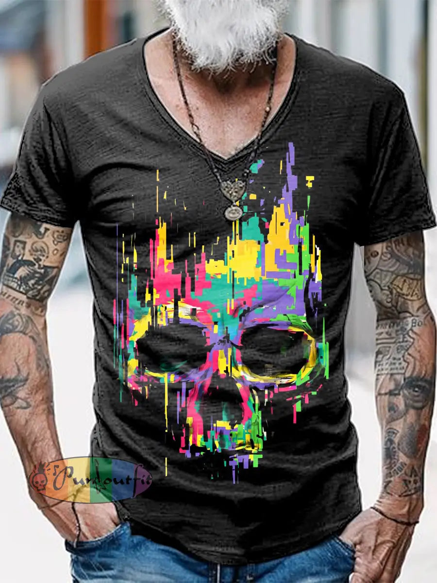 Psychedelic Skull Printed Vintage Fashion Loose V-Neck Short Sleeve T-Shirt Black / S