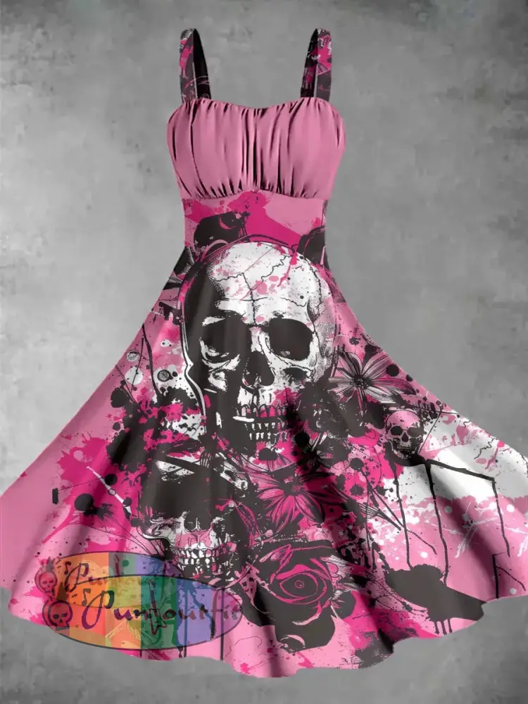 Punk Style Rose And Skull Print Sleeveless Midi Dress Pink / S