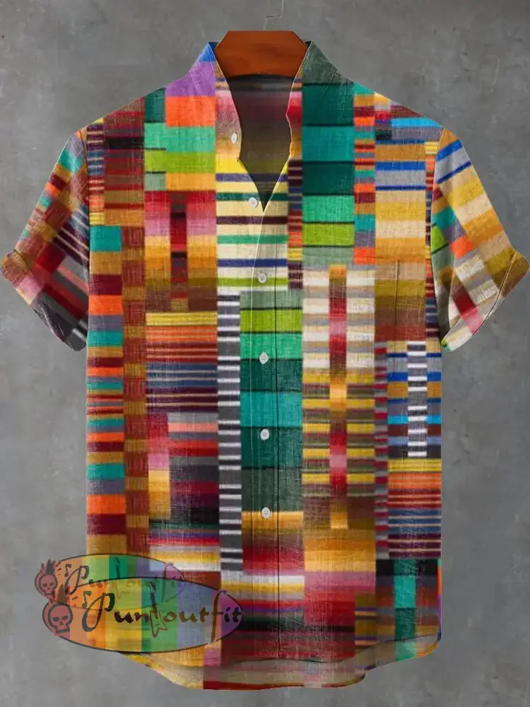 Retro Abstract Colorful Geometric Fantasy Art Print Casual 100% Cotton Shirt Multicolor / S GEOMETRIC ART DESIGN