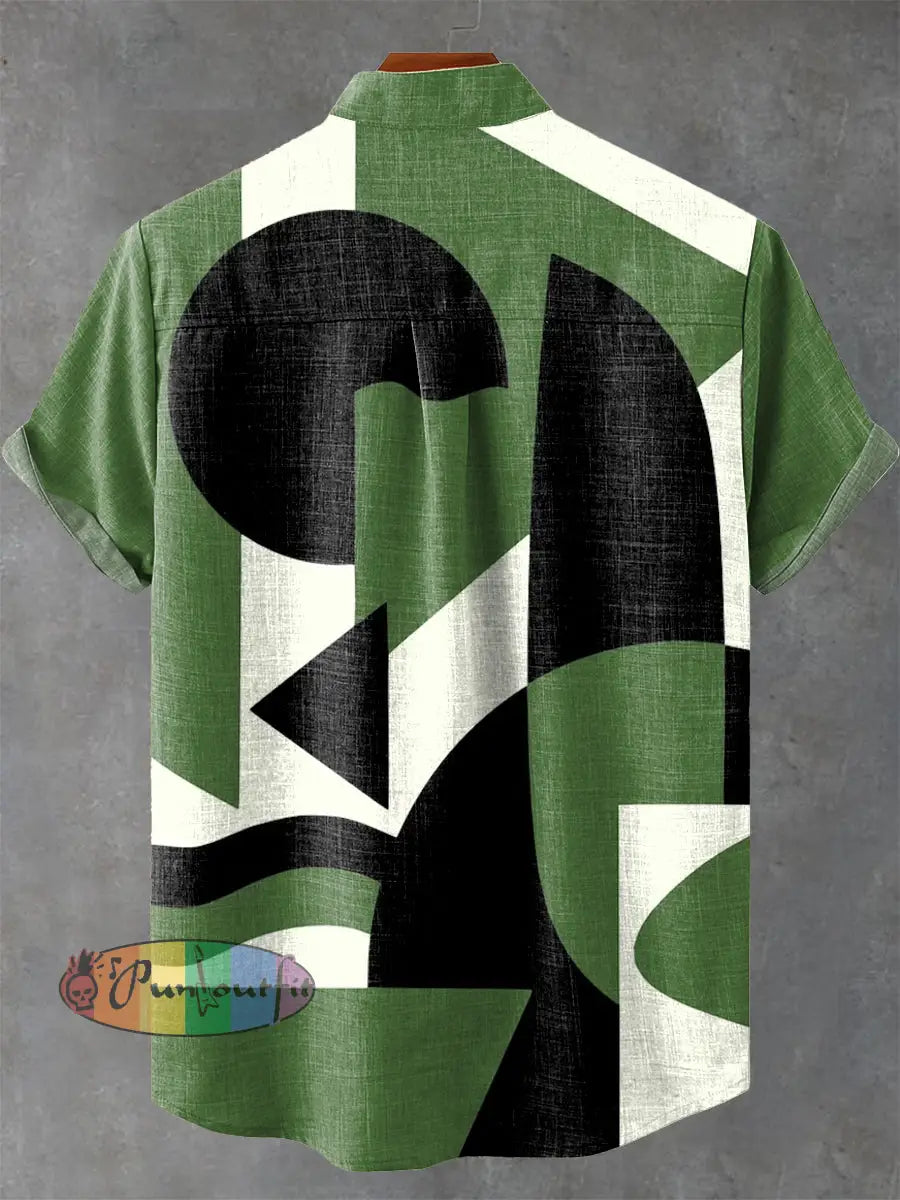 Retro Abstract Green Geometric Art Print Casual 100% Cotton Shirt GEOMETRIC ART DESIGN