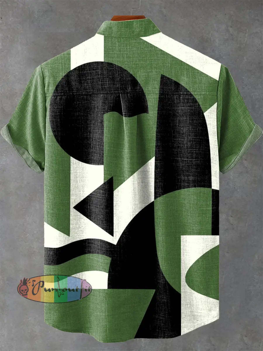 Retro Abstract Green Geometric Art Print Casual 100% Cotton Shirt GEOMETRIC ART DESIGN