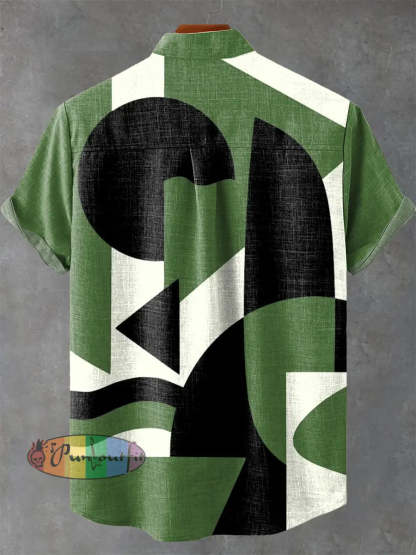 Retro Abstract Green Geometric Art Print Casual 100% Cotton Shirt GEOMETRIC ART DESIGN