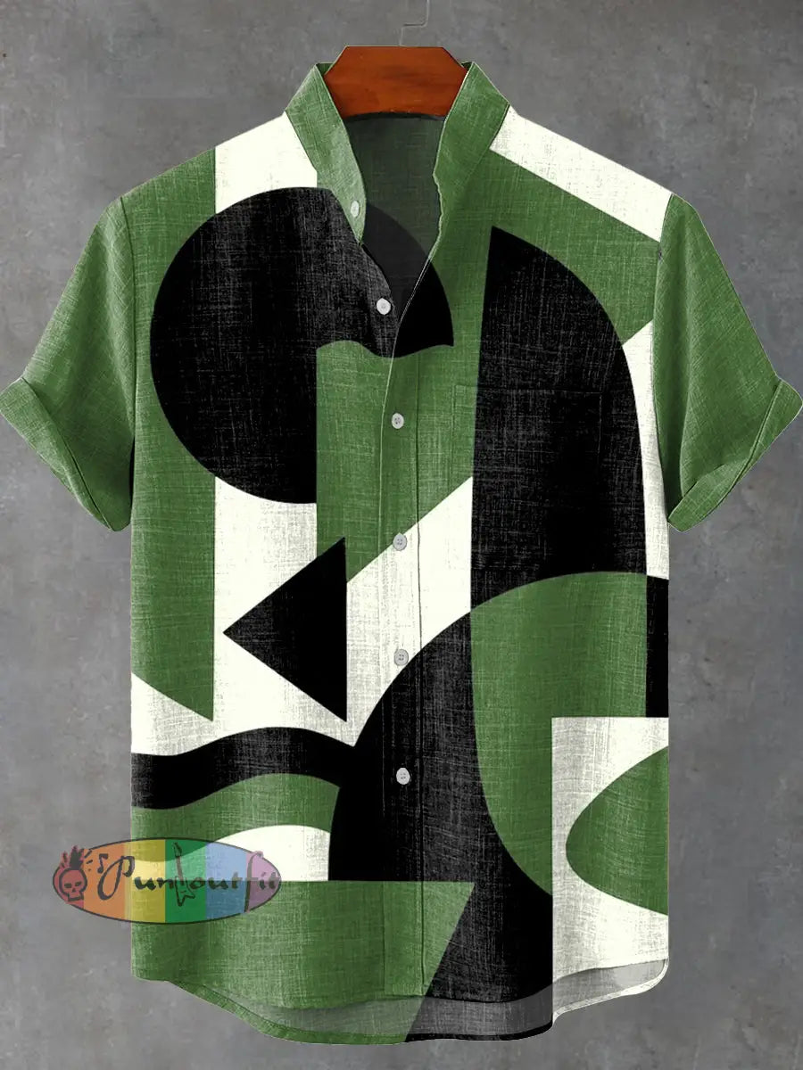 Retro Abstract Green Geometric Art Print Casual 100% Cotton Shirt Multicolor / S GEOMETRIC ART DESIGN