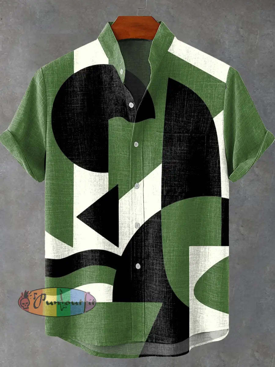 Retro Abstract Green Geometric Art Print Casual 100% Cotton Shirt Multicolor / S GEOMETRIC ART DESIGN