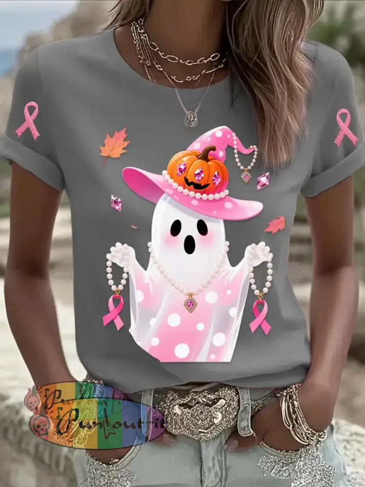 Retro Breast Cancer Pearl Halloween Ghost Print Comfortable Casual Cotton Short sleeved T shirt Gray / S