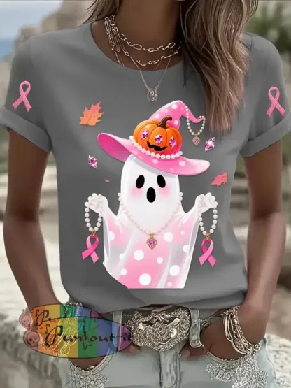 Retro Breast Cancer Pearl Halloween Ghost Print Comfortable Casual Cotton Short sleeved T shirt Gray / S
