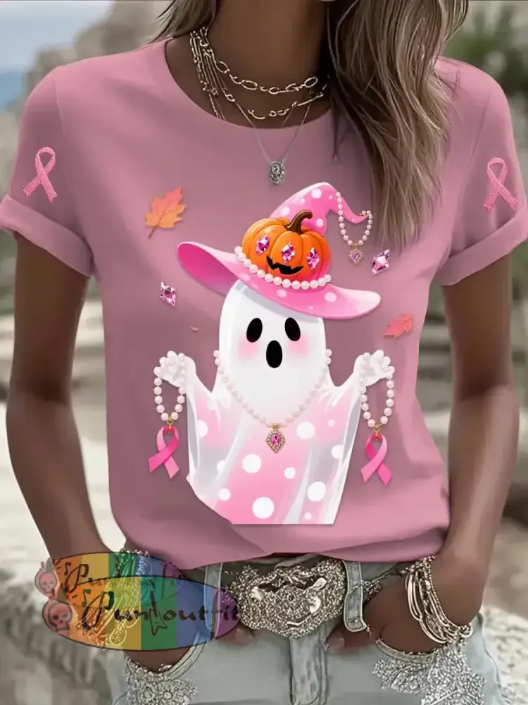 Retro Breast Cancer Pearl Halloween Ghost Print Comfortable Casual Cotton Short sleeved T shirt Pink / S