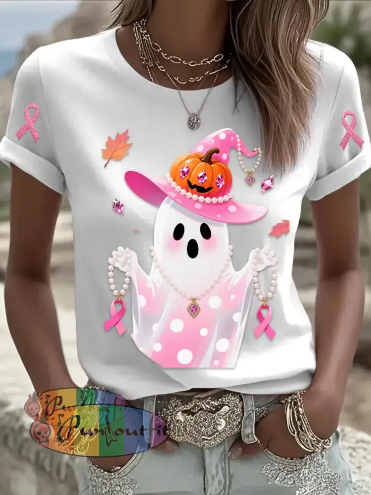 Retro Breast Cancer Pearl Halloween Ghost Print Comfortable Casual Cotton Short sleeved T shirt White / S