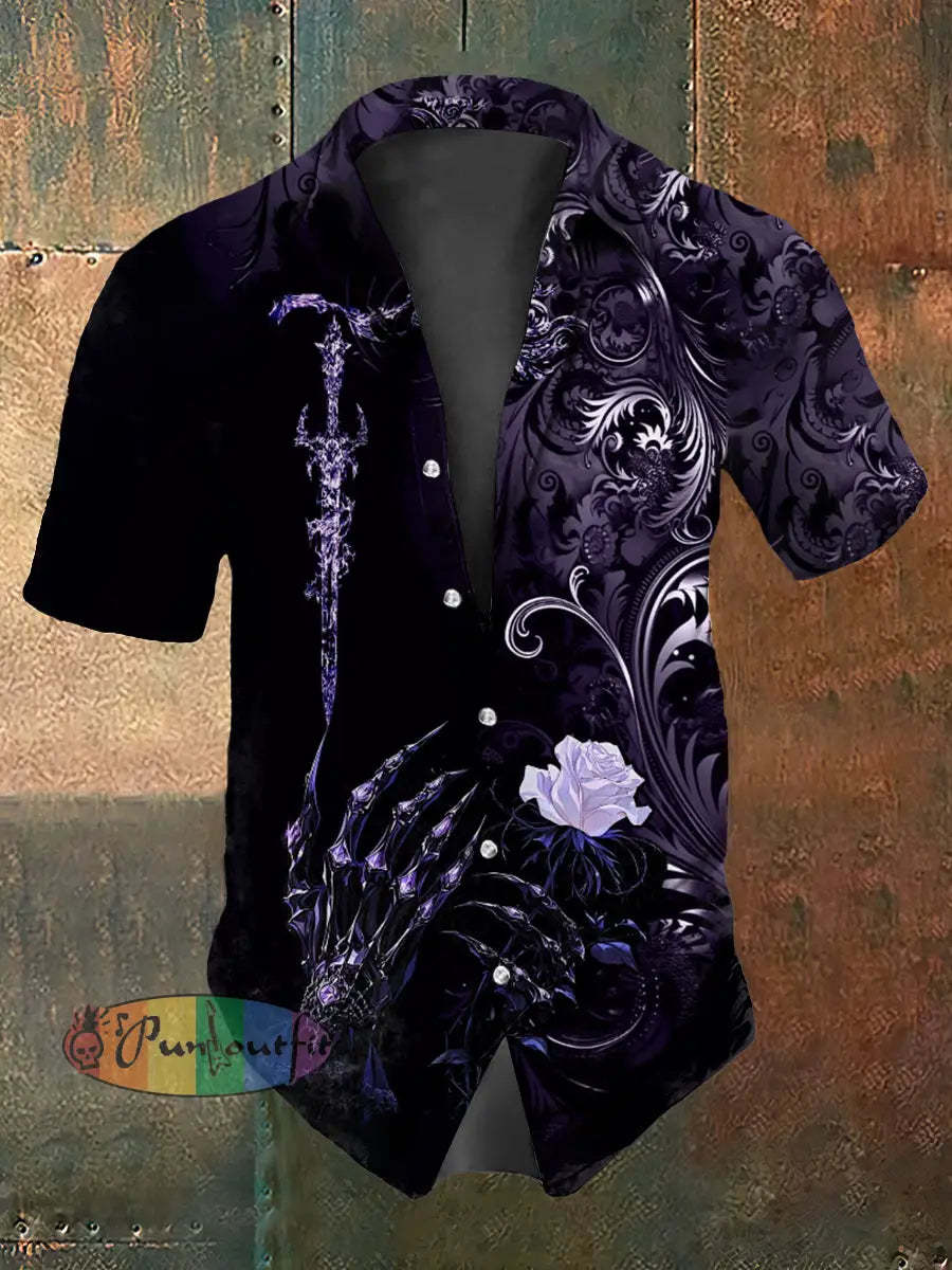 Retro Gothic Floral Skull Arm Abstract Print Casual Cotton Short Sleeve Shirt Purple / S