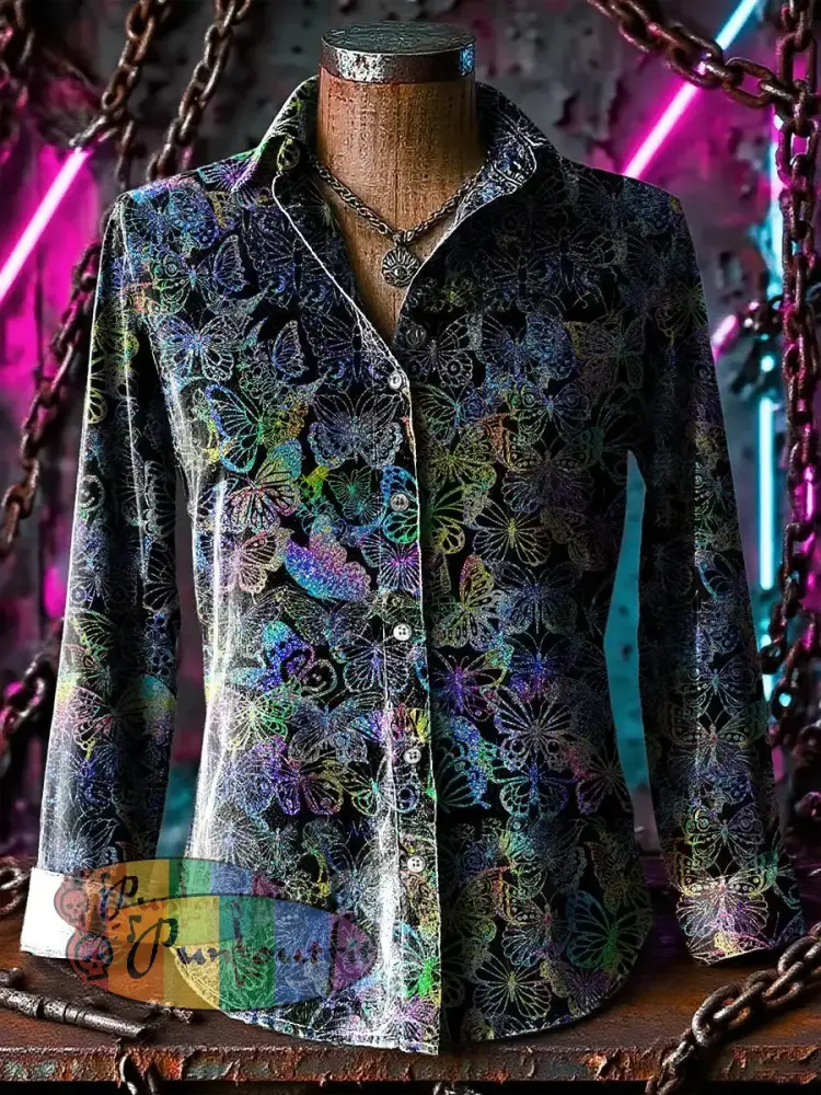 Retro Gothic Multicoloured Butterfly Printed Casual Long Sleeve Regular Shirts Black / S
