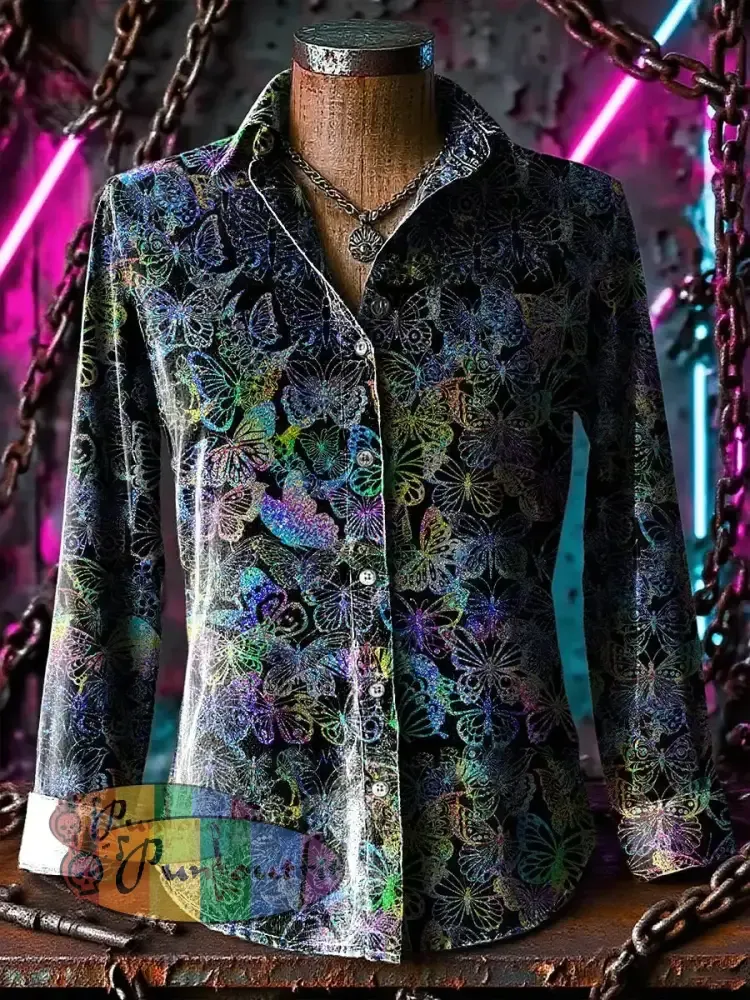 Retro Gothic Multicoloured Butterfly Printed Casual Long Sleeve Regular Shirts Black / S