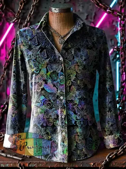 Retro Gothic Multicoloured Butterfly Printed Casual Long Sleeve Regular Shirts Black / S