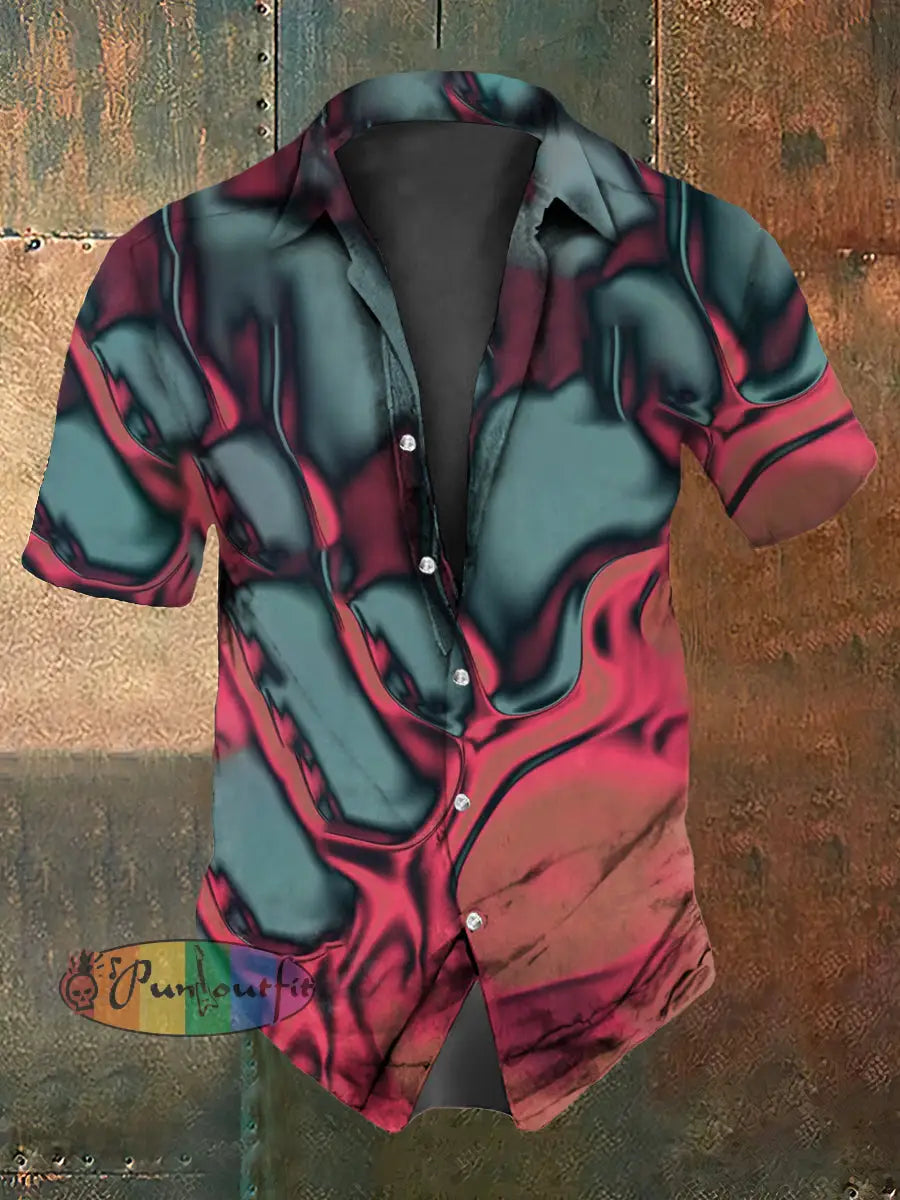 Retro Gothic Psychedelic Colorful Waves Abstract Print Casual Cotton Short Sleeve Shirt As picture / S