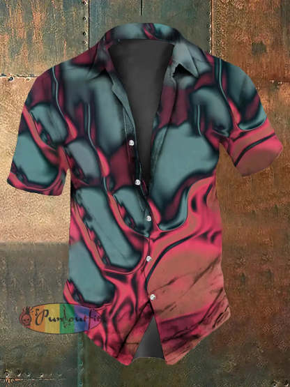 Retro Gothic Psychedelic Colorful Waves Abstract Print Casual Cotton Short Sleeve Shirt As picture / S