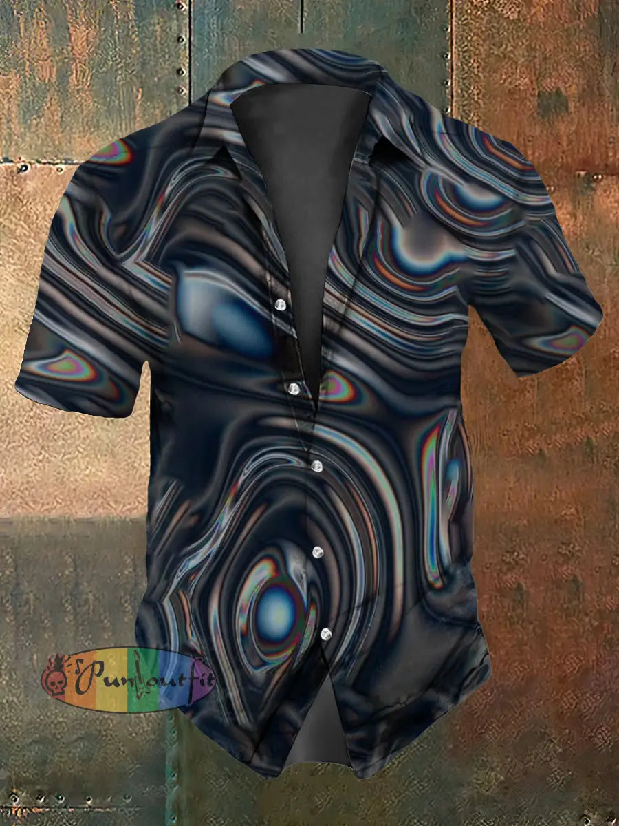Retro Gothic Psychedelic Colorful Waves Abstract Print Casual Cotton Short Sleeve Shirt Gray / S