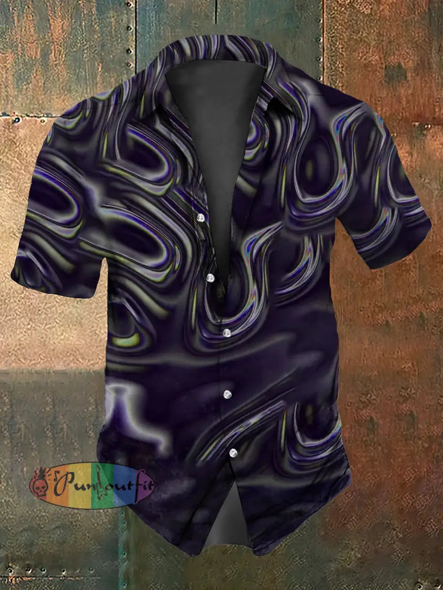 Retro Gothic Psychedelic Colorful Waves Abstract Print Casual Cotton Short Sleeve Shirt Purple / S