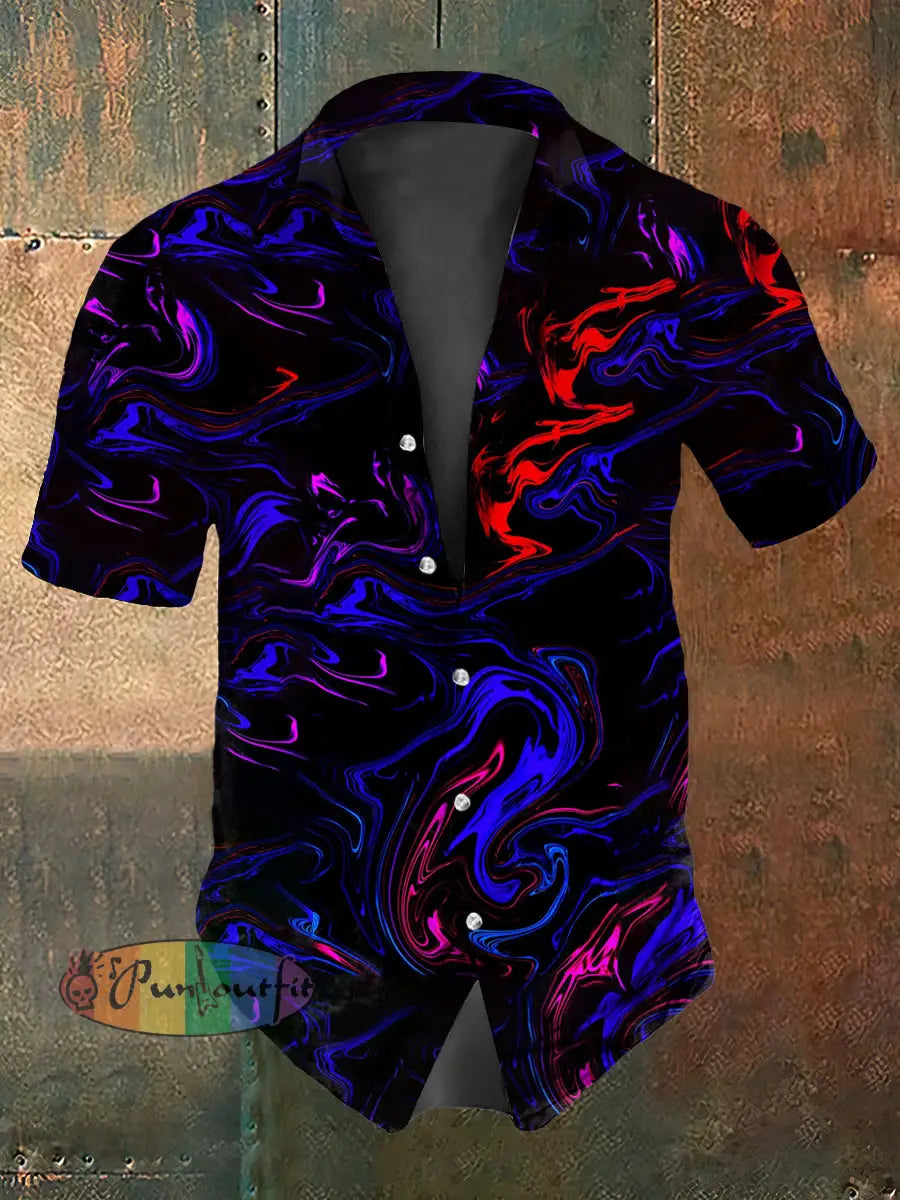 Retro Gothic Psychedelic Colorful Waves Abstract Print Casual Cotton Short Sleeve Shirt Purple / S