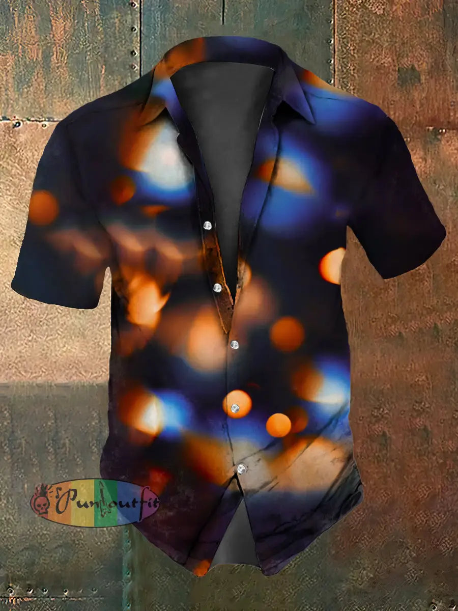 Retro Gothic Psychedelic Multicolored Glow Abstract Print Casual Cotton Short Sleeve Shirt Black / S