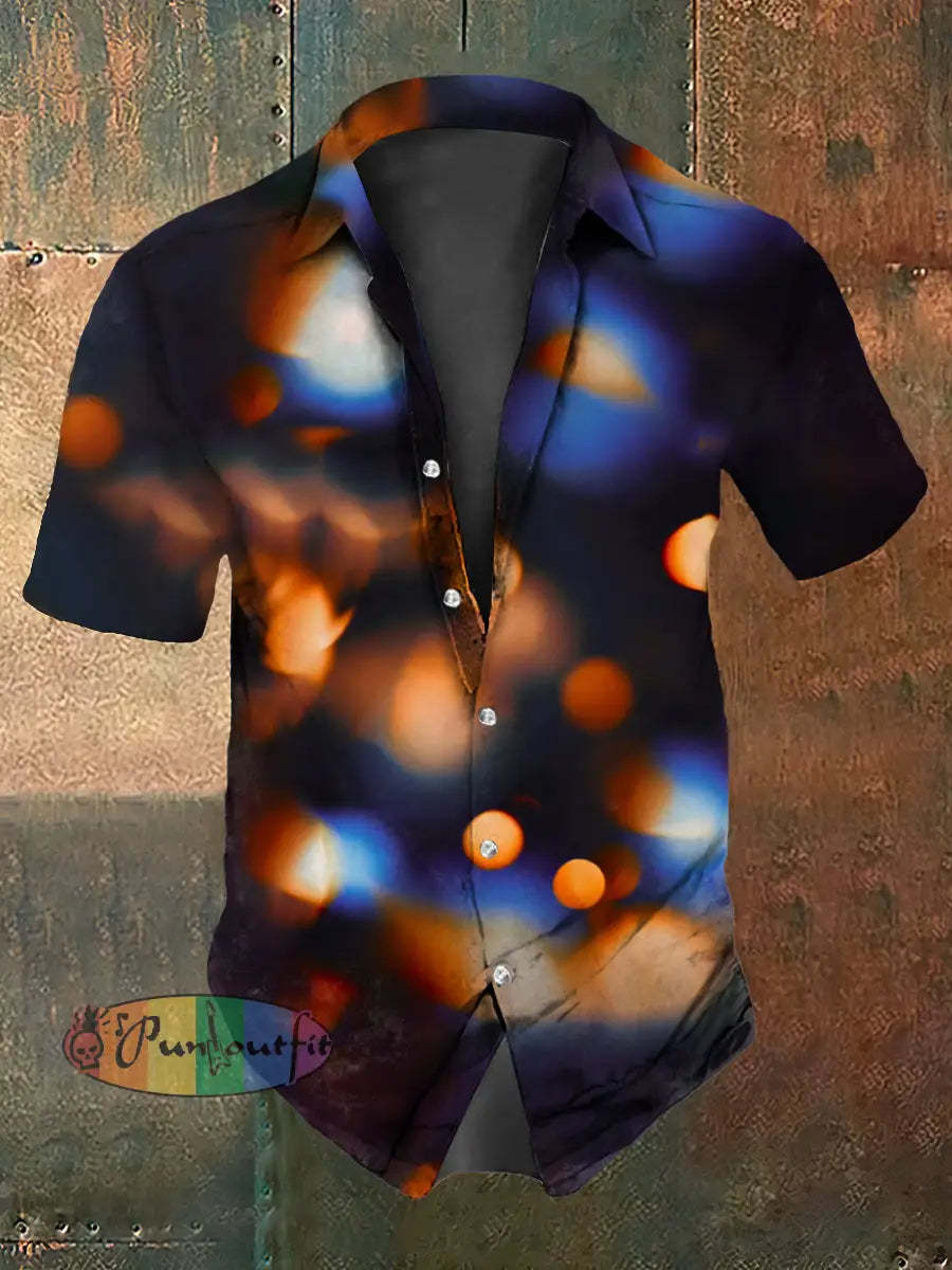 Retro Gothic Psychedelic Multicolored Glow Abstract Print Casual Cotton Short Sleeve Shirt Black / S