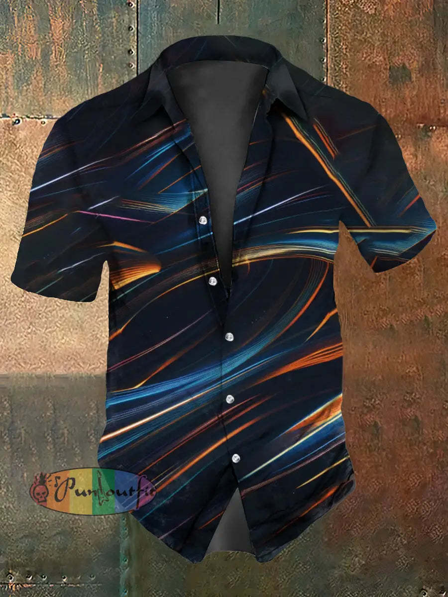 Retro Gothic Psychedelic Multicolored Lines Abstract Print Casual Cotton Short Sleeve Shirt Black / S