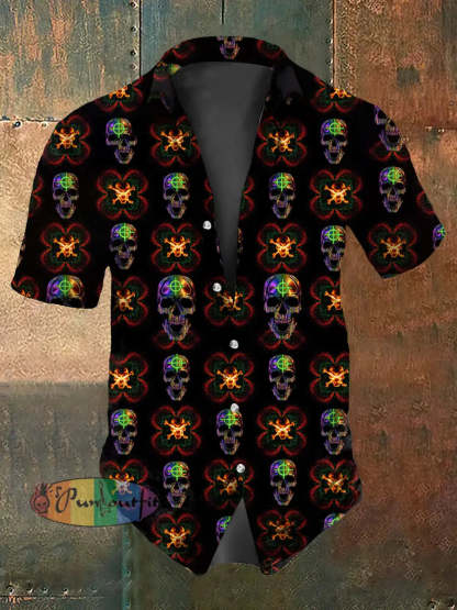 Retro Gothic Psychedelic Multicolored Skull Abstract Print Casual Cotton Short Sleeve Shirt Black / S
