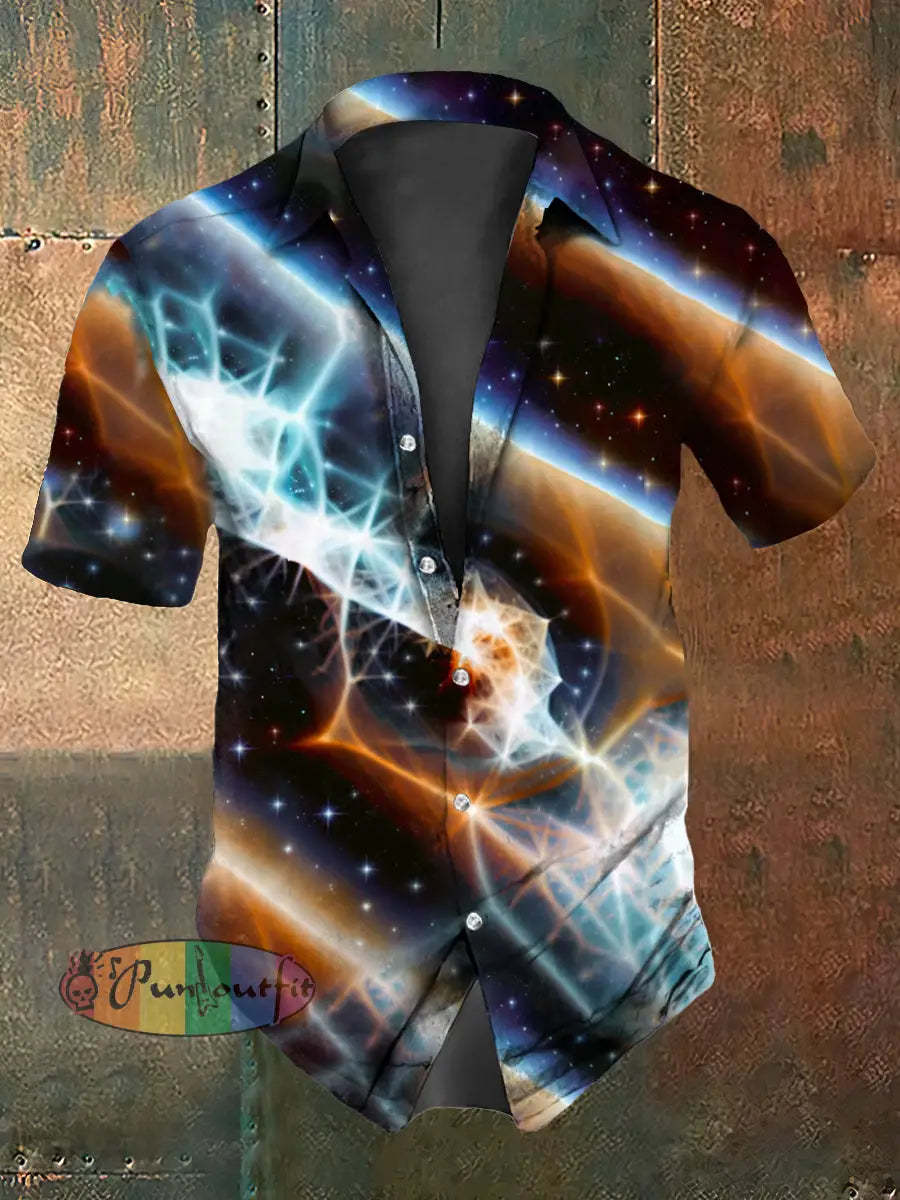 Retro Gothic Psychedelic Multicolored Wavy Lines Abstract Print Casual Cotton Short Sleeve Shirt As picture / S