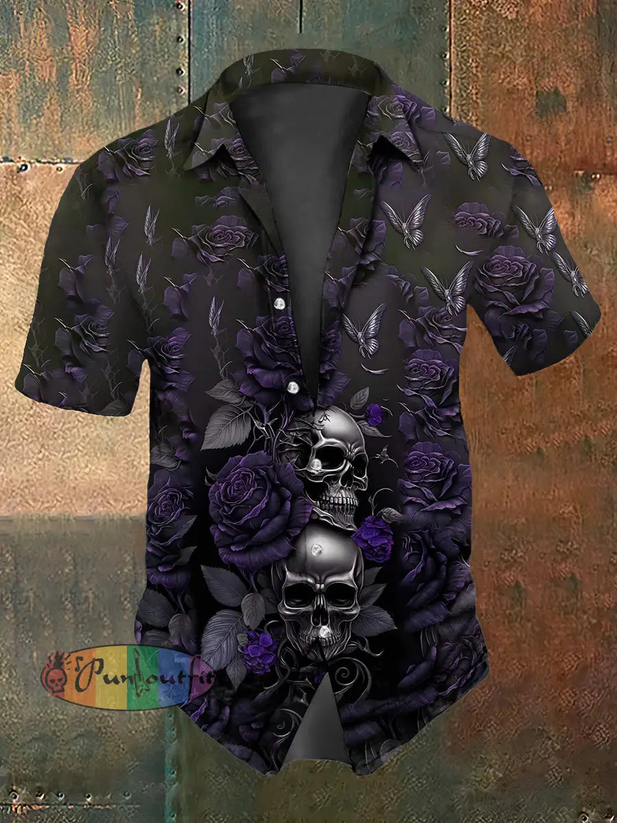 Retro Gothic Psychedelic Skull Abstract Print Casual Cotton Short Sleeve Shirt Purple / S