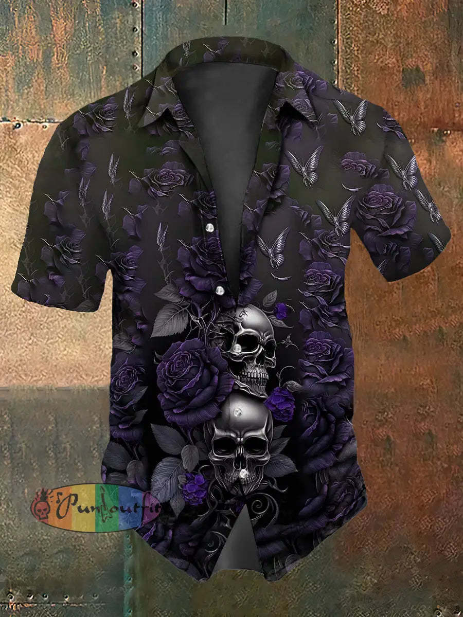 Retro Gothic Psychedelic Skull Abstract Print Casual Cotton Short Sleeve Shirt Purple / S