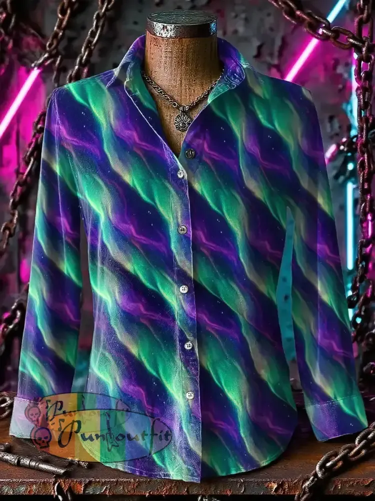 Retro Gothic Stage Aurora Ripples Printed Casual Long Sleeve Regular Shirts Purple / S