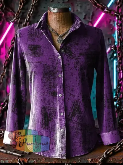 Retro Gothic Stage Gradient Graffiti Printed Casual Long Sleeve Regular Shirts Purple / S