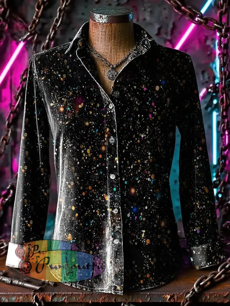Retro Gothic Stage Multicoloured Sequins Printed Casual Long Sleeve Regular Shirts Black / S