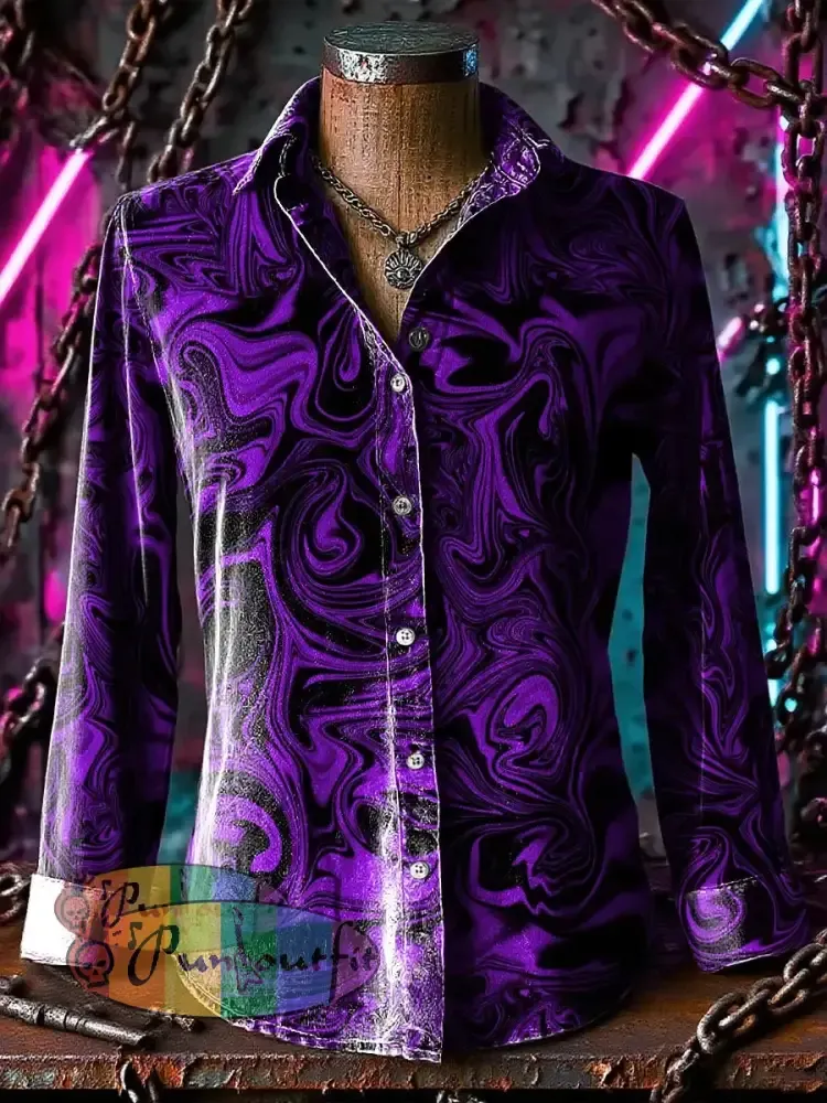 Retro Gothic Stage Purple Waves Printed Casual Long Sleeve Regular Shirts Purple / S