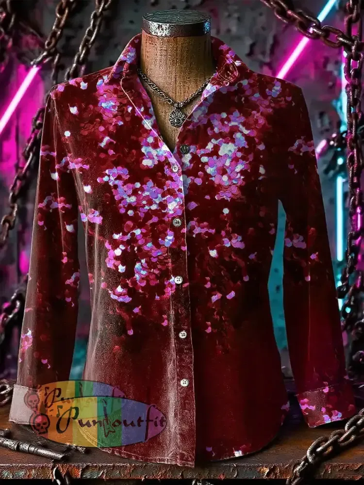Retro Gothic Stage Red Sequins Printed Casual Long Sleeve Regular Shirts Red / S