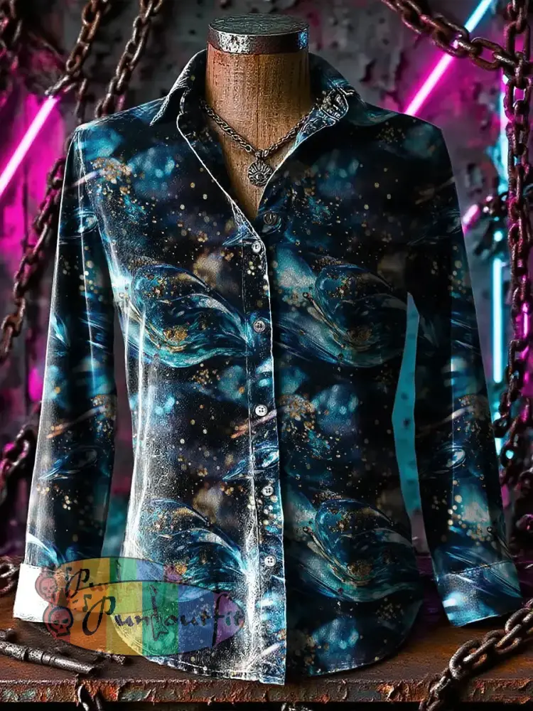 Retro Gothic Stage Ripple Sequins Printed Casual Long Sleeve Regular Shirts Blue / S