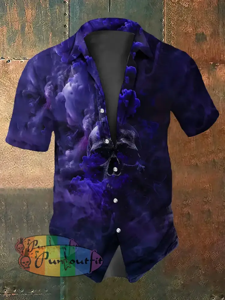 Retro Halloween Gothic Gradient Smoke Skull Abstract Print Casual Cotton Short Sleeve Shirt Purple / S