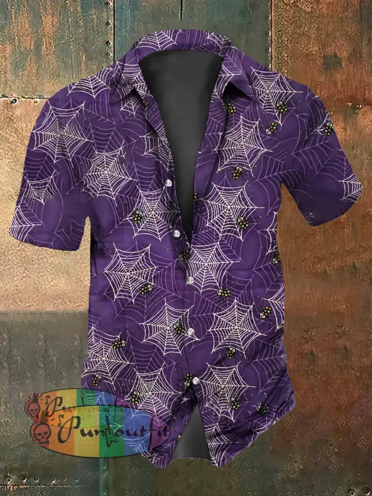 Retro Halloween Gothic Spider Web Abstract Print Casual Cotton Short Sleeve Shirt Purple / S