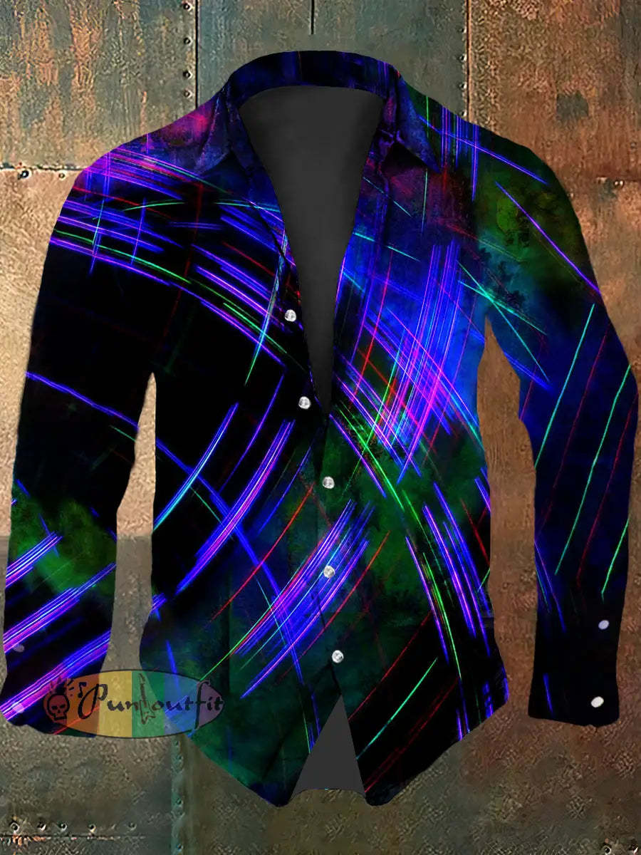 Retro Music Festival Colourful Electric Surge Lines Abstract Print Casual Long Sleeve Shirt Purple / S