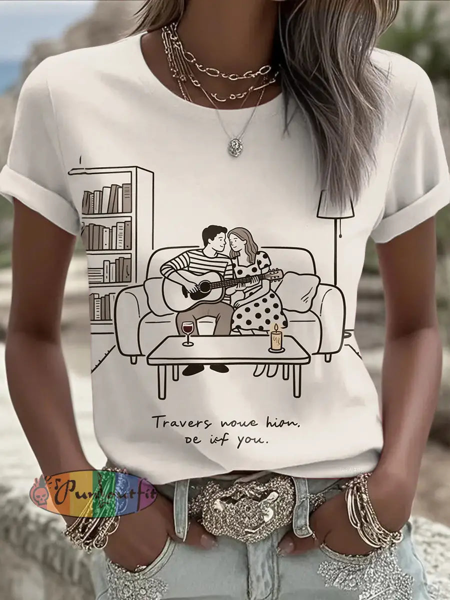 Retro Music Festival Taylor Swift & Travis Kelce Engaged Print Comfortable Casual Cotton Short sleeved T shirt Apricot